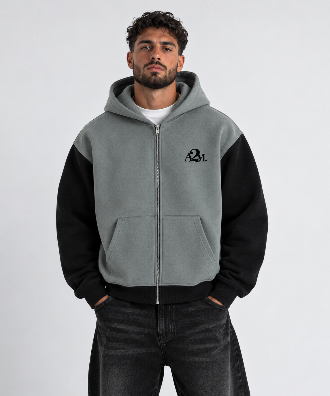 zipper,zip,hoodie,jacket,grey,black,relaxed