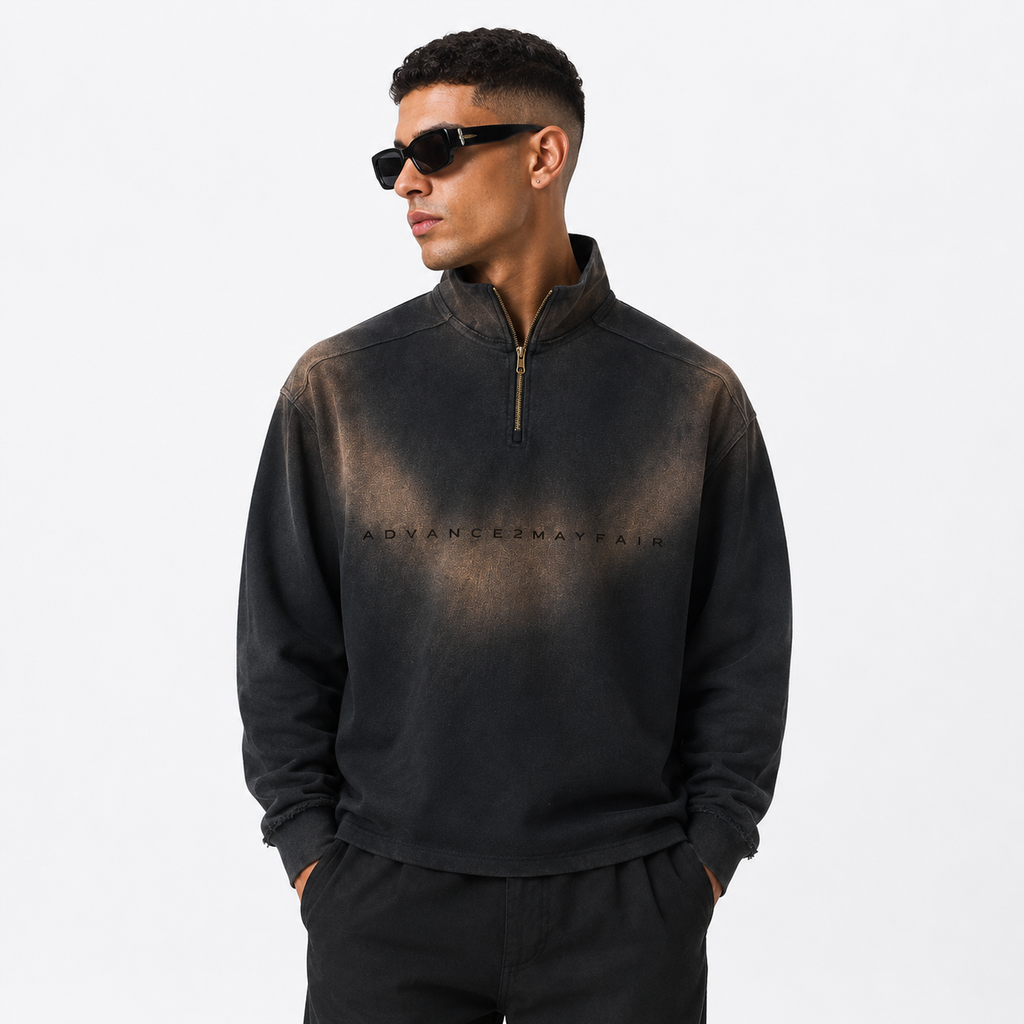 quaterzip,zip,sweatshirt,raw,faded,washed,black,brown,chill,streetwear
